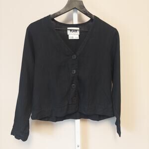 Flax Linen Long Sleeve Top Petite 4/6 Black Cropped Button Front V-Neck Travel